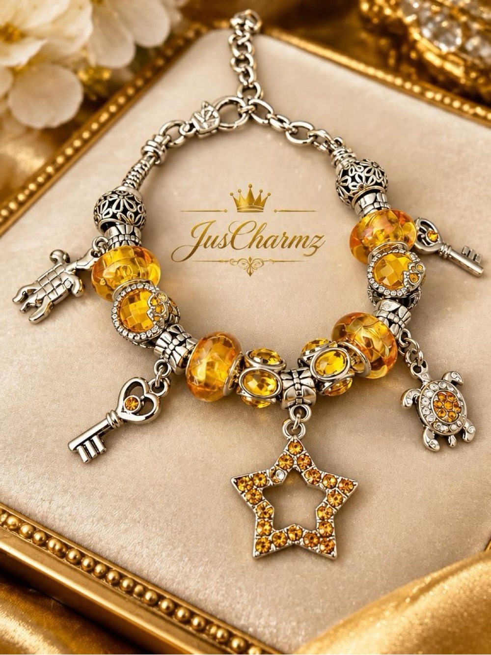 Silver Amber Crystal Star & Sea Turtle Charm Bracelet
